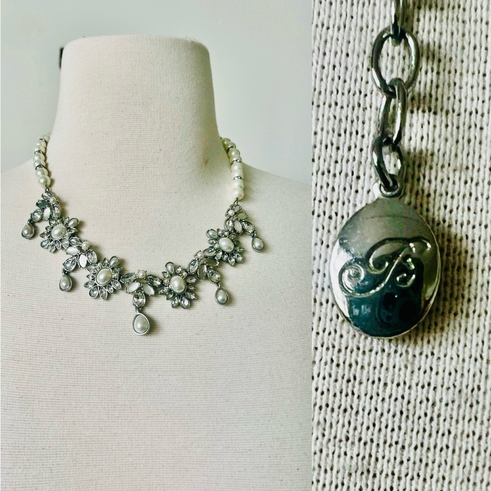 Jessica Simpson Faux Pearl and Rhinestone Silver Statement Necklace